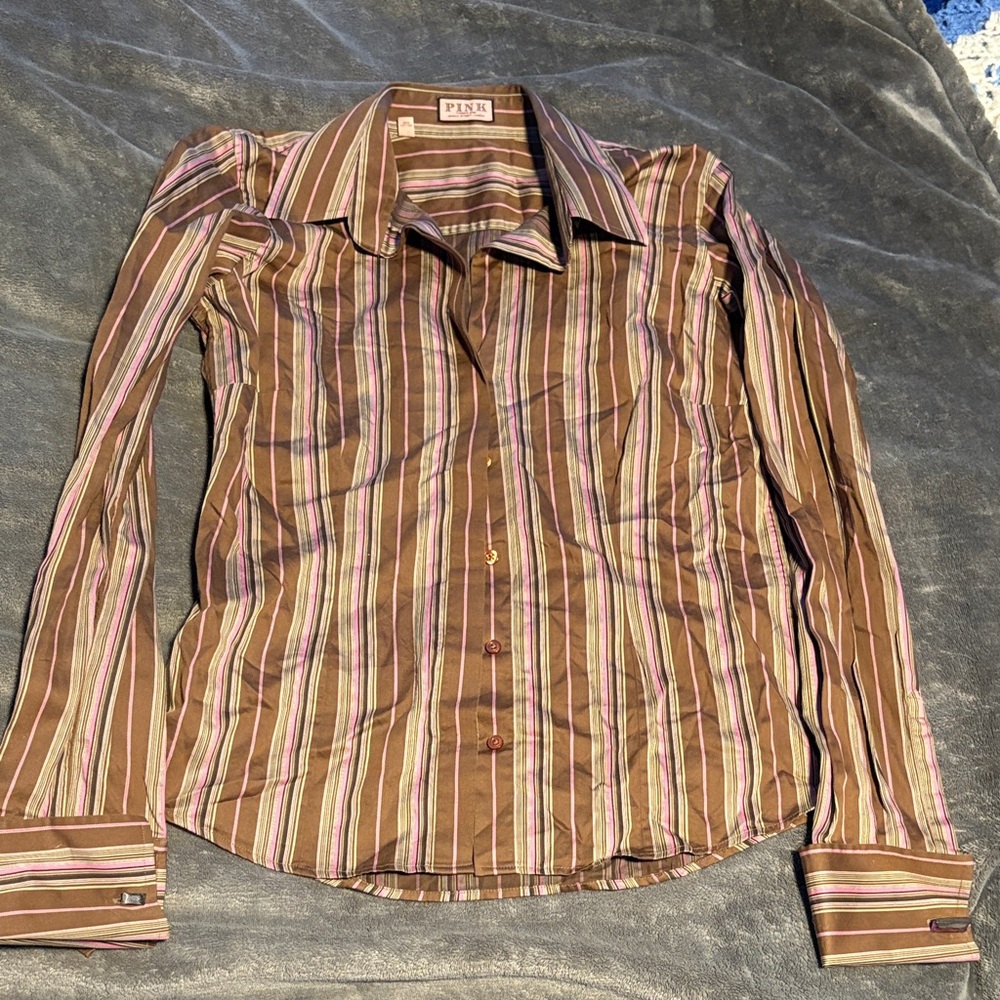 Zara Brown and Pink Striped Men's Shirt